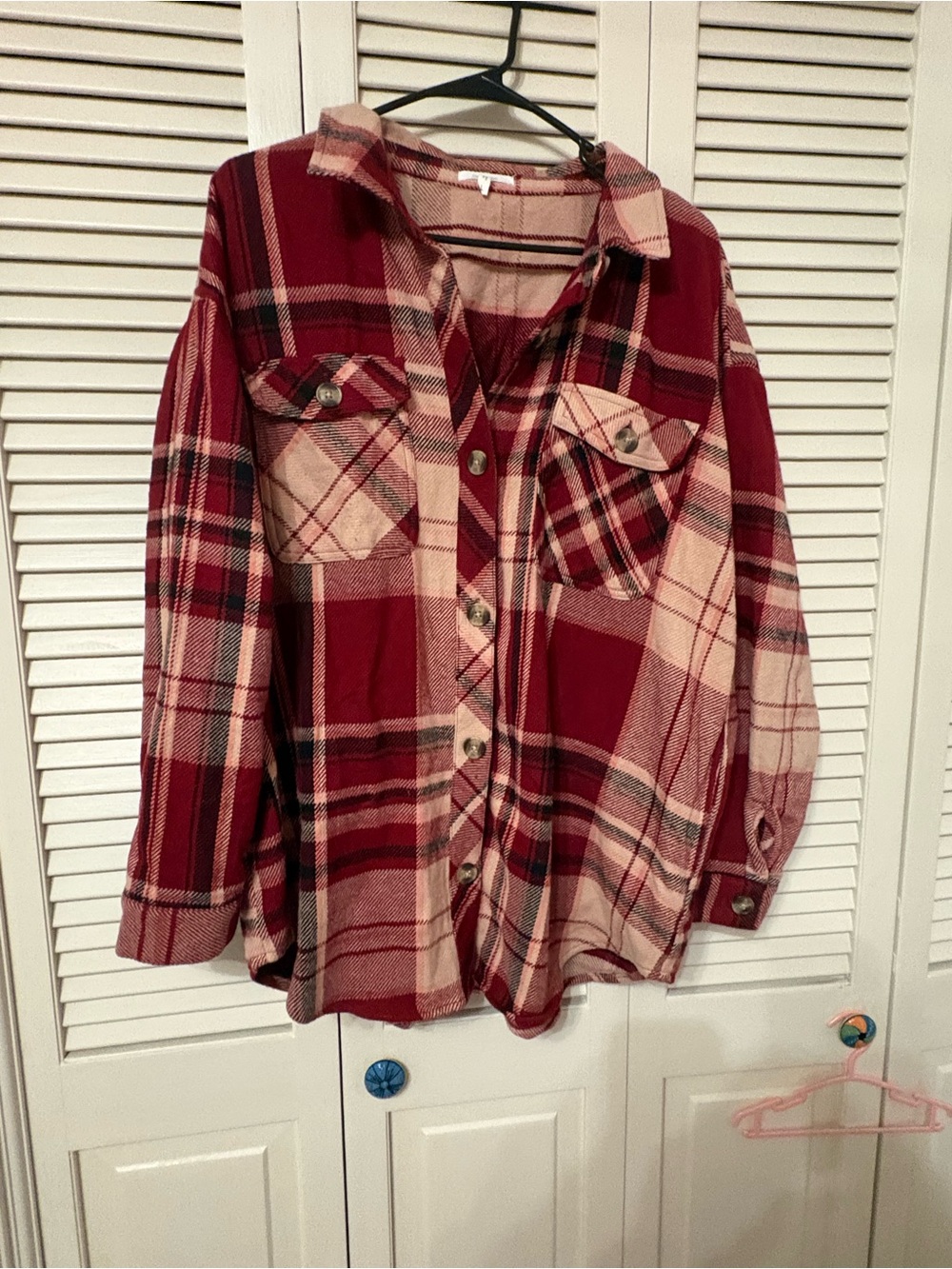 Maurices Red and Cream Plaid Button-Down Oversized Shacket Style Top